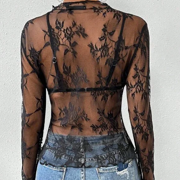 Black Sexy Women's Floral Lace Collar Long Sleeve Sheer Blouse - Picture 2 of 6